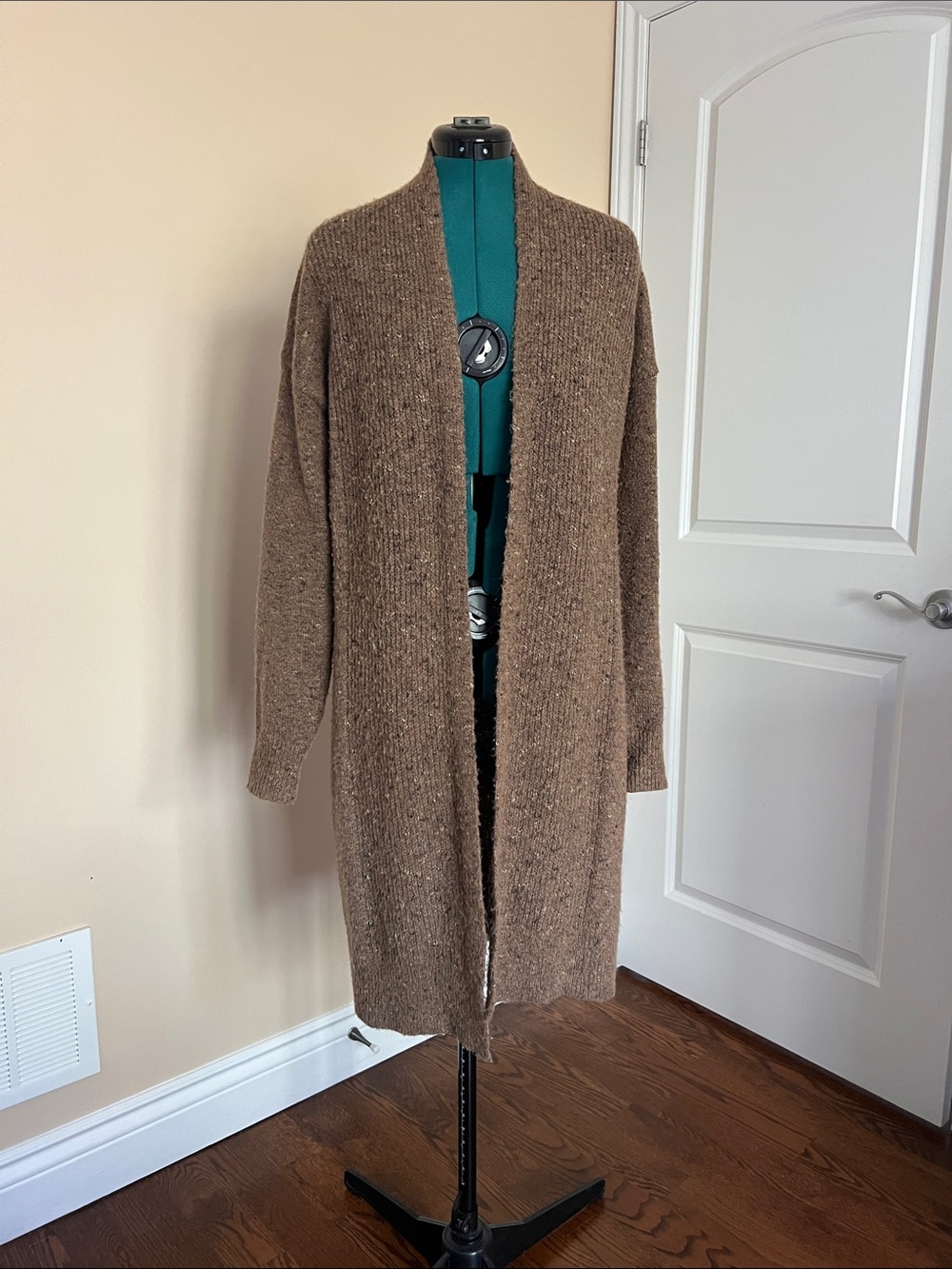 Long Open-Front Brown Knit Cardigan